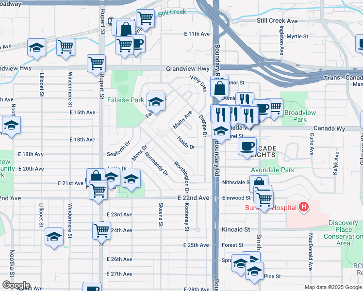map of restaurants, bars, coffee shops, grocery stores, and more near 3578 Haida Drive in Vancouver