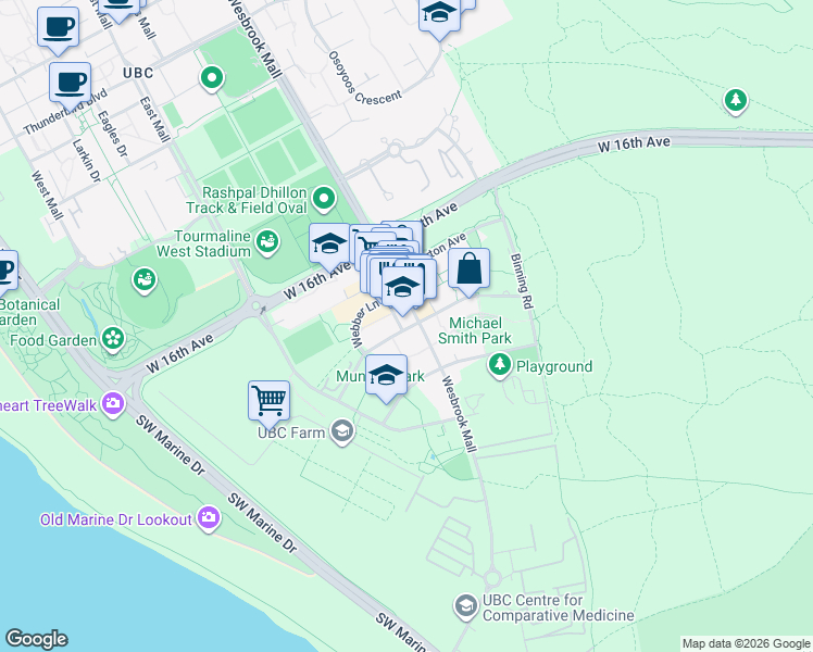 map of restaurants, bars, coffee shops, grocery stores, and more near 5955 Birney Avenue in Vancouver