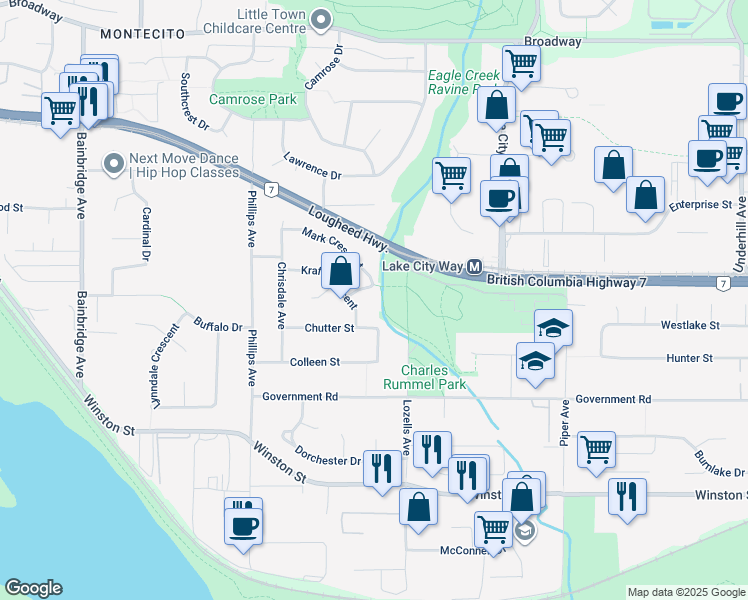 map of restaurants, bars, coffee shops, grocery stores, and more near 7566 Kraft Place in Burnaby