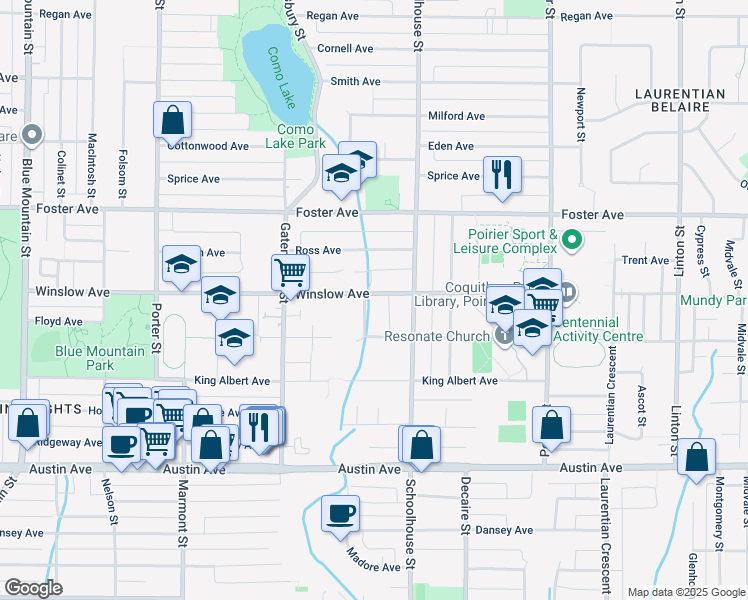 map of restaurants, bars, coffee shops, grocery stores, and more near 1416 Winslow Avenue in Coquitlam