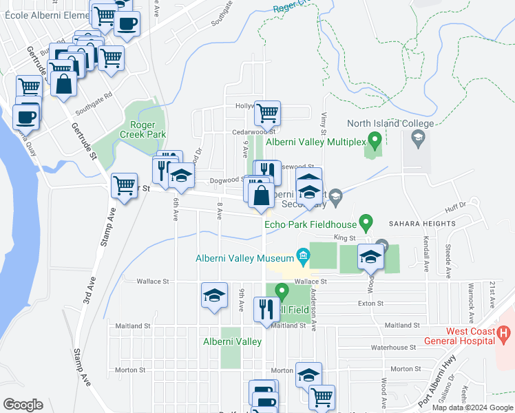 map of restaurants, bars, coffee shops, grocery stores, and more near 4282 10th Avenue in Port Alberni
