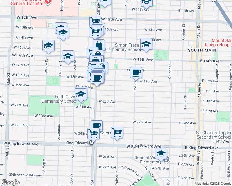 map of restaurants, bars, coffee shops, grocery stores, and more near 396 West 19th Avenue in Vancouver