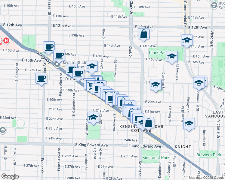 map of restaurants, bars, coffee shops, grocery stores, and more near 1187 East 19th Avenue in Vancouver