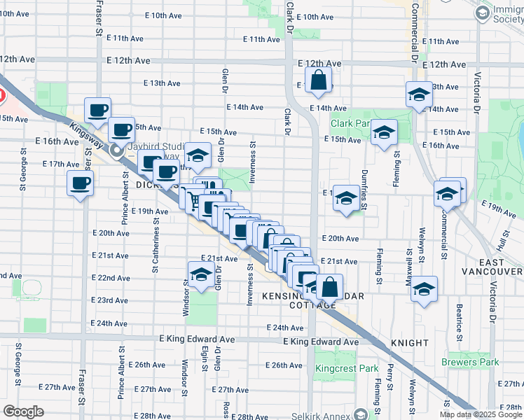 map of restaurants, bars, coffee shops, grocery stores, and more near 1225 East 19th Avenue in Vancouver