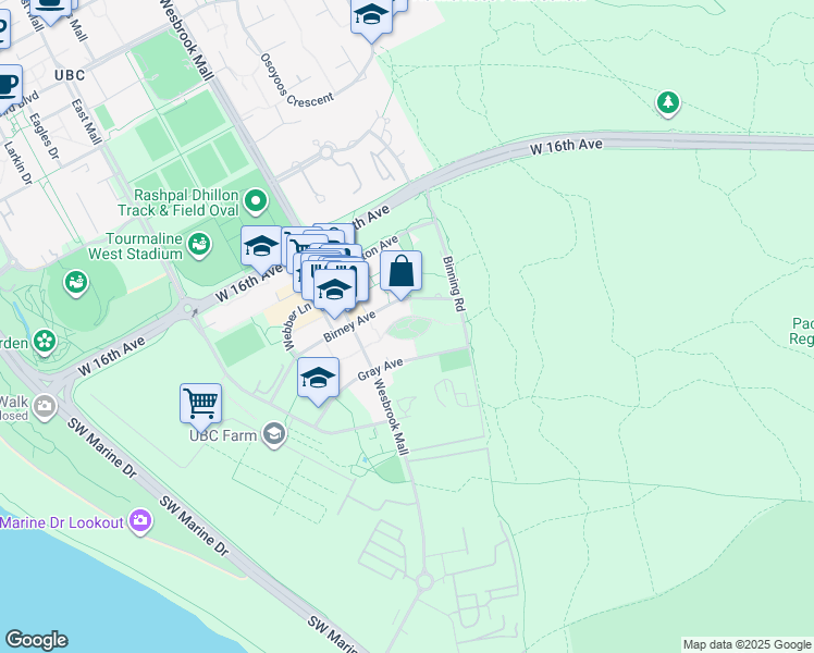 map of restaurants, bars, coffee shops, grocery stores, and more near 5638 Birney Avenue in Vancouver