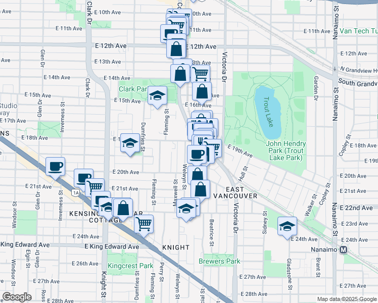 map of restaurants, bars, coffee shops, grocery stores, and more near 3460 Welwyn Street in Vancouver