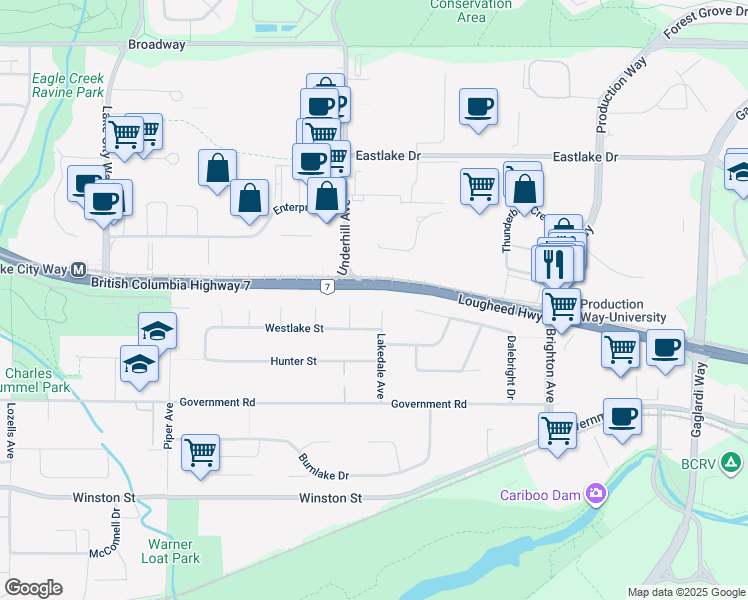 map of restaurants, bars, coffee shops, grocery stores, and more near 3347 Lakedale Avenue in Burnaby