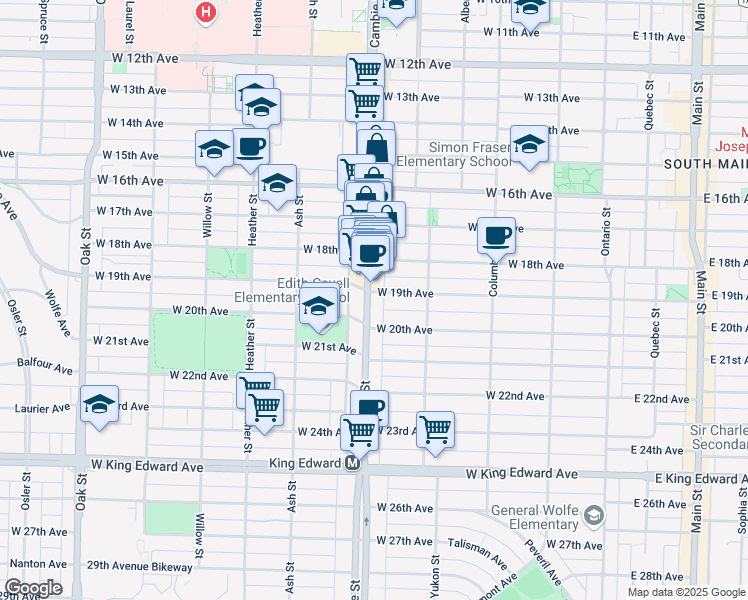 map of restaurants, bars, coffee shops, grocery stores, and more near 3530 Cambie Street in Vancouver