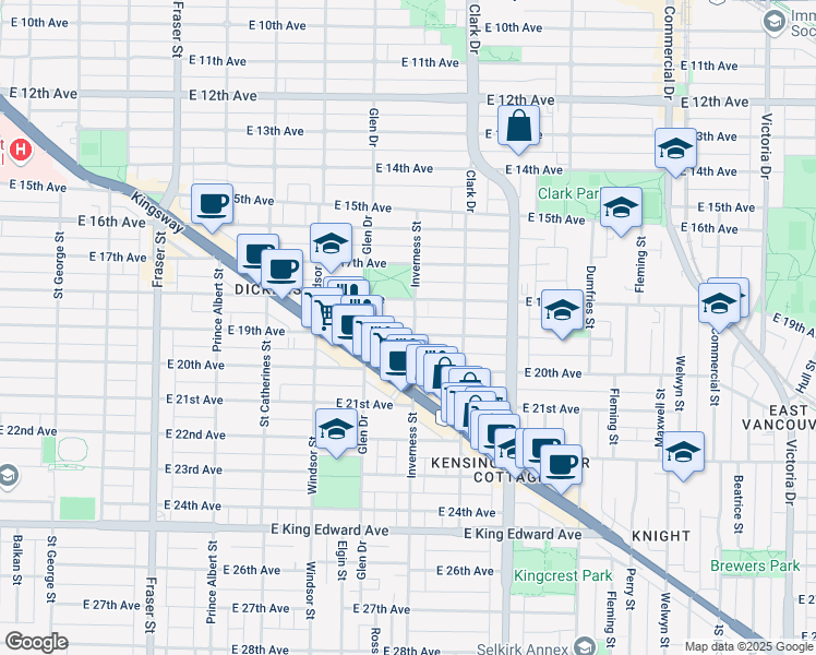 map of restaurants, bars, coffee shops, grocery stores, and more near 3495 Inverness Street in Vancouver