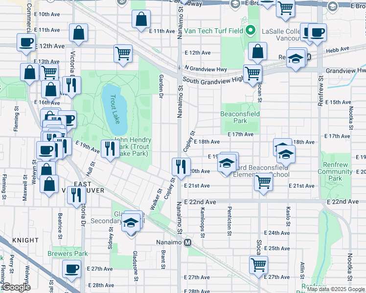 map of restaurants, bars, coffee shops, grocery stores, and more near 3390 Nanaimo Street in Vancouver