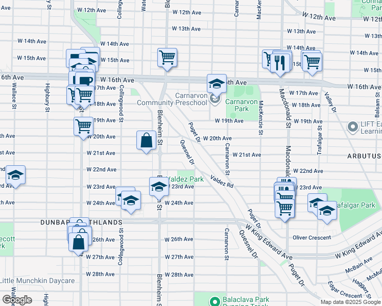map of restaurants, bars, coffee shops, grocery stores, and more near 3708 Quesnel Drive in Vancouver
