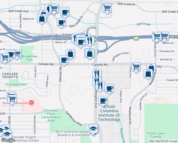 map of restaurants, bars, coffee shops, grocery stores, and more near 3405 Willingdon Avenue in Burnaby