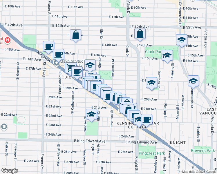 map of restaurants, bars, coffee shops, grocery stores, and more near 1159 East 19th Avenue in Vancouver