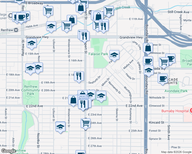 map of restaurants, bars, coffee shops, grocery stores, and more near 3417 Seaforth Drive in Vancouver