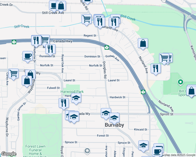 map of restaurants, bars, coffee shops, grocery stores, and more near 5515 Laurel Street in Burnaby
