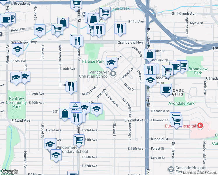 map of restaurants, bars, coffee shops, grocery stores, and more near 3428 Mons Drive in Vancouver