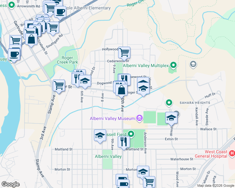 map of restaurants, bars, coffee shops, grocery stores, and more near 4358 Roger Street in Port Alberni