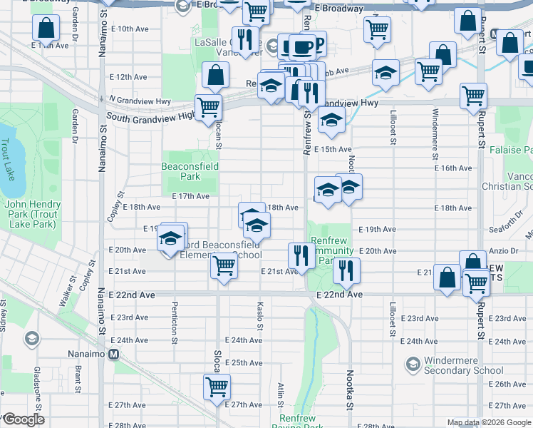 map of restaurants, bars, coffee shops, grocery stores, and more near in Vancouver