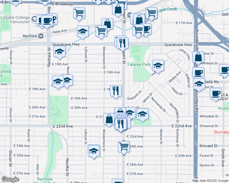 map of restaurants, bars, coffee shops, grocery stores, and more near 3268 East 18th Avenue in Vancouver