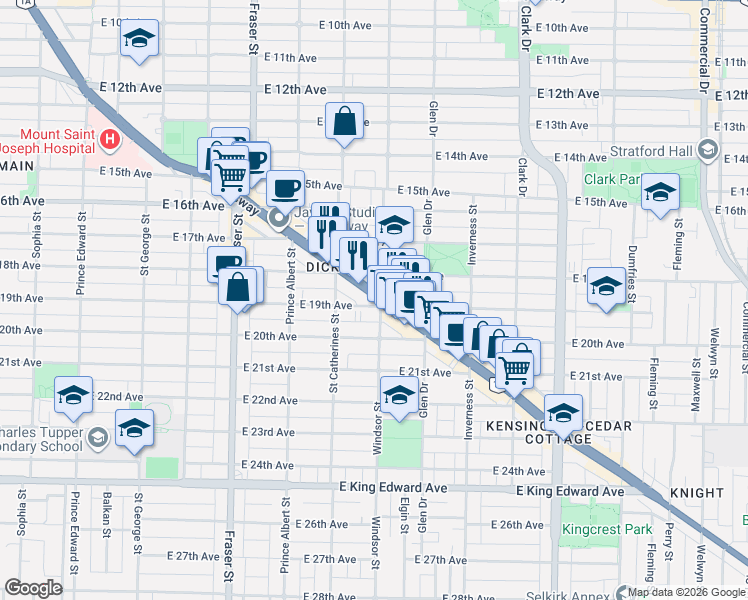 map of restaurants, bars, coffee shops, grocery stores, and more near 990 Kingsway in Vancouver
