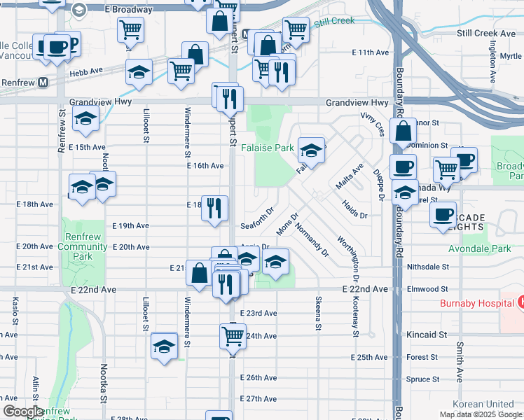 map of restaurants, bars, coffee shops, grocery stores, and more near 3417 Seaforth Drive in Vancouver