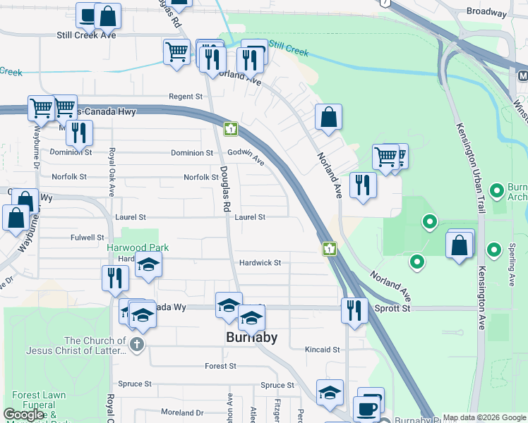 map of restaurants, bars, coffee shops, grocery stores, and more near 5745 Laurel Street in Burnaby