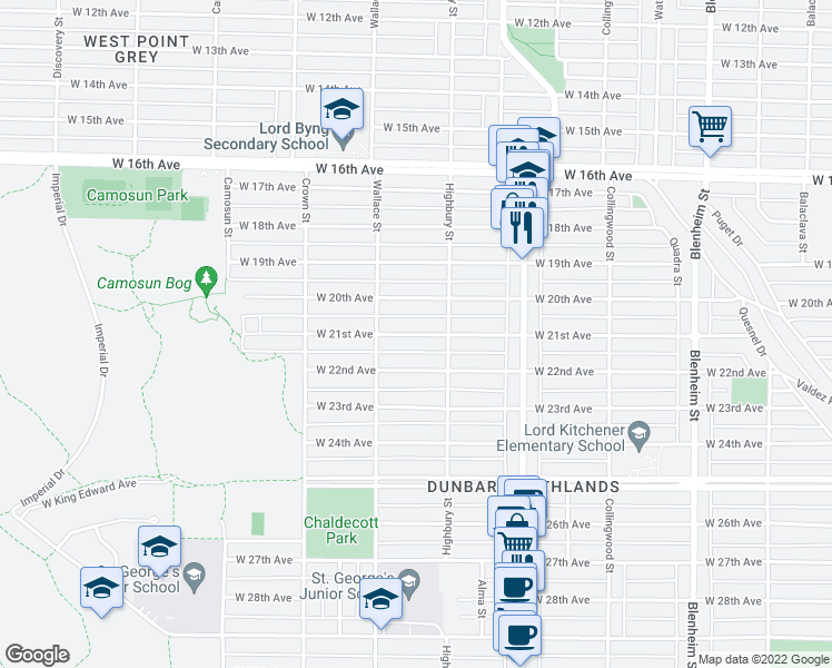 map of restaurants, bars, coffee shops, grocery stores, and more near 3847 West 21st Avenue in Vancouver