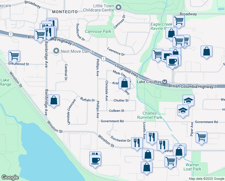map of restaurants, bars, coffee shops, grocery stores, and more near 7482 Kraft Place in Burnaby
