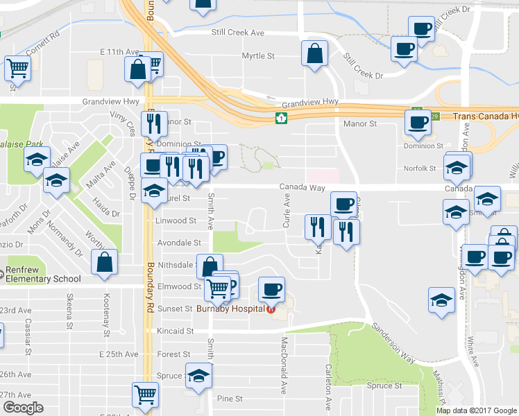 map of restaurants, bars, coffee shops, grocery stores, and more near 3945 Creekside Place in Burnaby