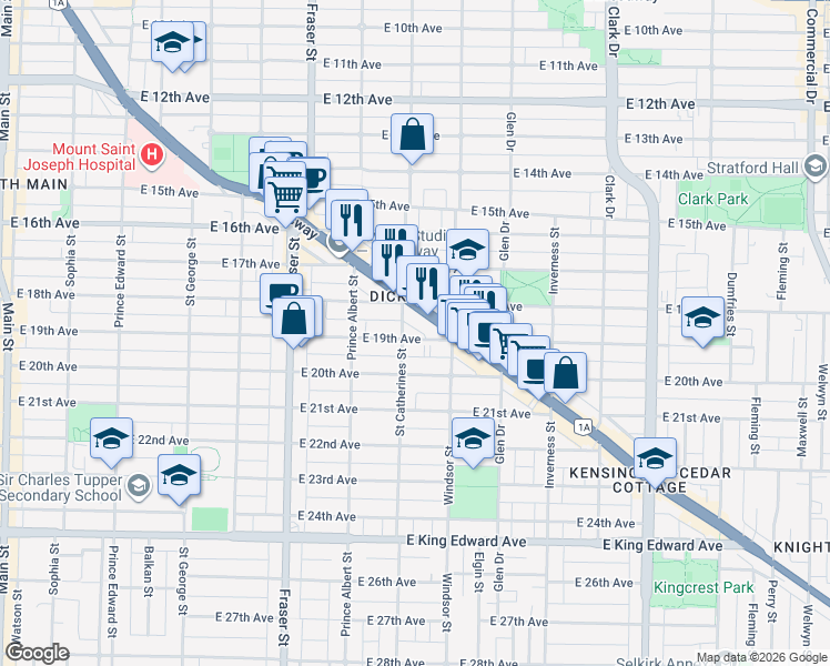 map of restaurants, bars, coffee shops, grocery stores, and more near 925 East 19th Avenue in Vancouver