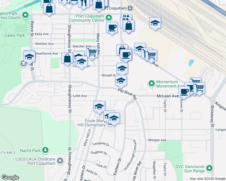 map of restaurants, bars, coffee shops, grocery stores, and more near 2152 Pitt River Road in Port Coquitlam