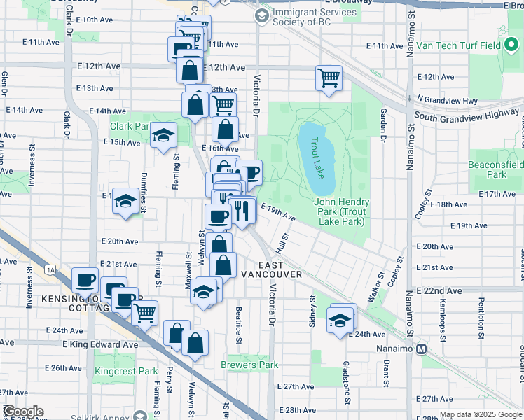 map of restaurants, bars, coffee shops, grocery stores, and more near 1914 East 19th Avenue in Vancouver