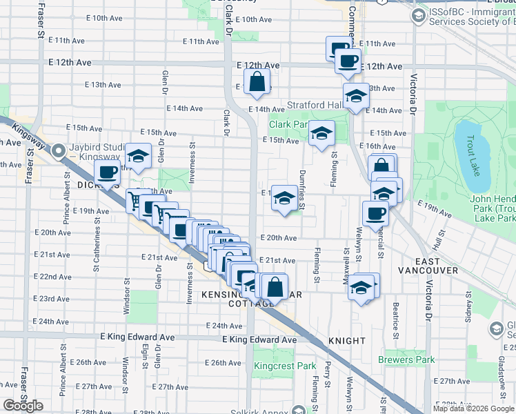 map of restaurants, bars, coffee shops, grocery stores, and more near 3470 Knight Street in Vancouver