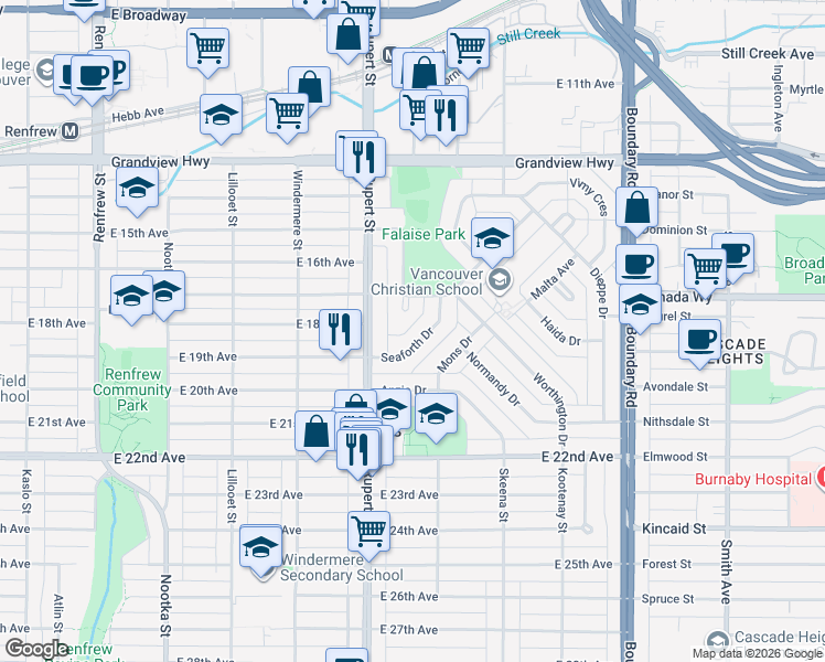 map of restaurants, bars, coffee shops, grocery stores, and more near 3415 Seaforth Drive in Vancouver