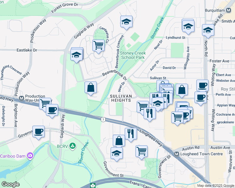 map of restaurants, bars, coffee shops, grocery stores, and more near 3399 Noel Drive in Burnaby