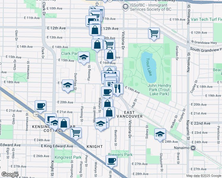 map of restaurants, bars, coffee shops, grocery stores, and more near 3448 Commercial Street in Vancouver
