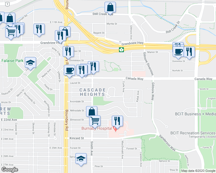 map of restaurants, bars, coffee shops, grocery stores, and more near 3925 Creekside Place in Burnaby