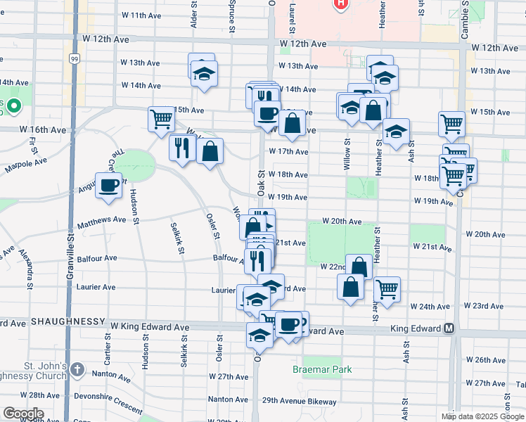 map of restaurants, bars, coffee shops, grocery stores, and more near 3550 Oak Street in Vancouver