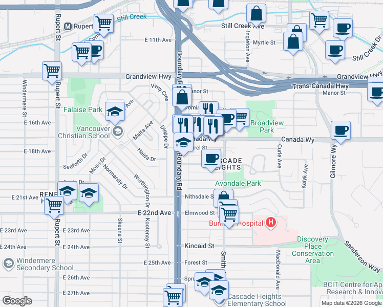map of restaurants, bars, coffee shops, grocery stores, and more near 3788 Laurel Street in Burnaby