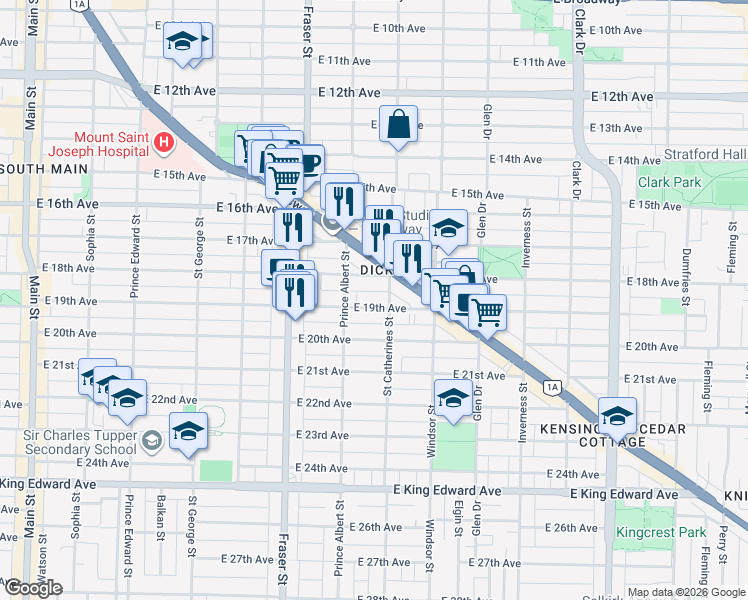 map of restaurants, bars, coffee shops, grocery stores, and more near 853 East 19th Avenue in Vancouver