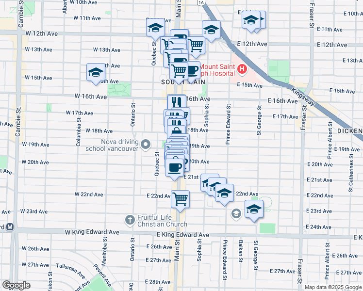 map of restaurants, bars, coffee shops, grocery stores, and more near 243 East 19th Avenue in Vancouver