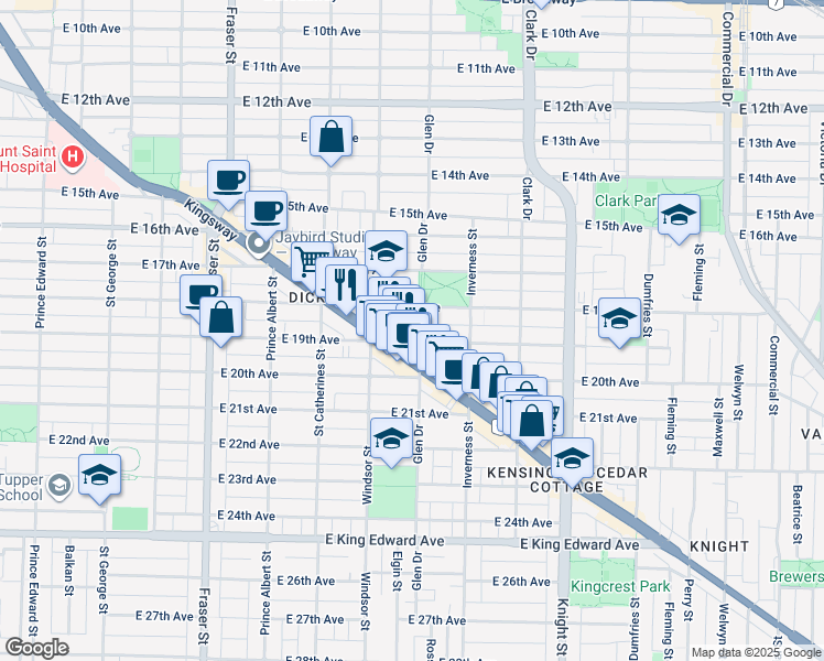 map of restaurants, bars, coffee shops, grocery stores, and more near 3431 Glen Drive in Vancouver