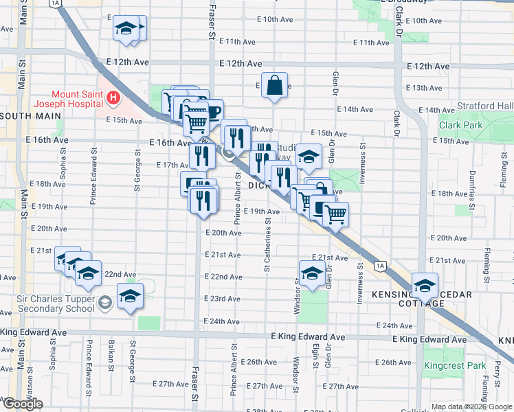 map of restaurants, bars, coffee shops, grocery stores, and more near 849 East 19th Avenue in Vancouver
