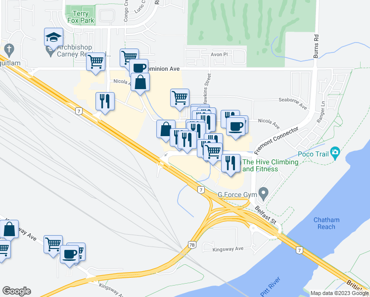 map of restaurants, bars, coffee shops, grocery stores, and more near 2115 Hawkins Street in Port Coquitlam