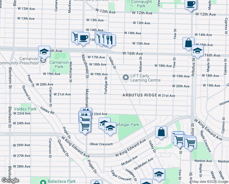 map of restaurants, bars, coffee shops, grocery stores, and more near 2637 West 21st Avenue in Vancouver