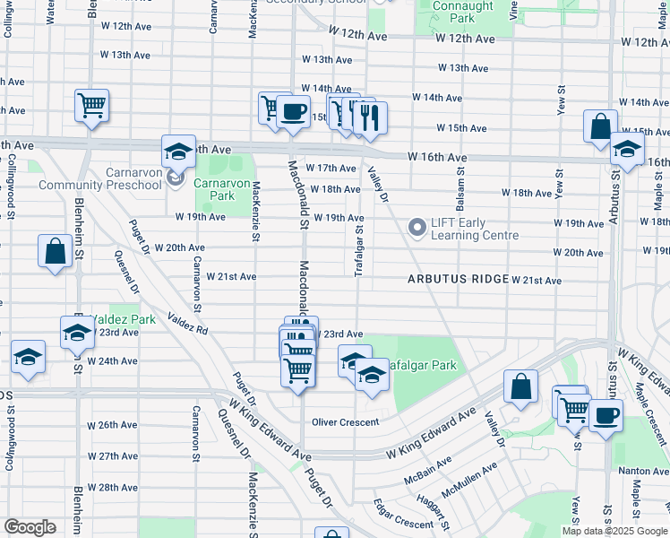 map of restaurants, bars, coffee shops, grocery stores, and more near in Vancouver