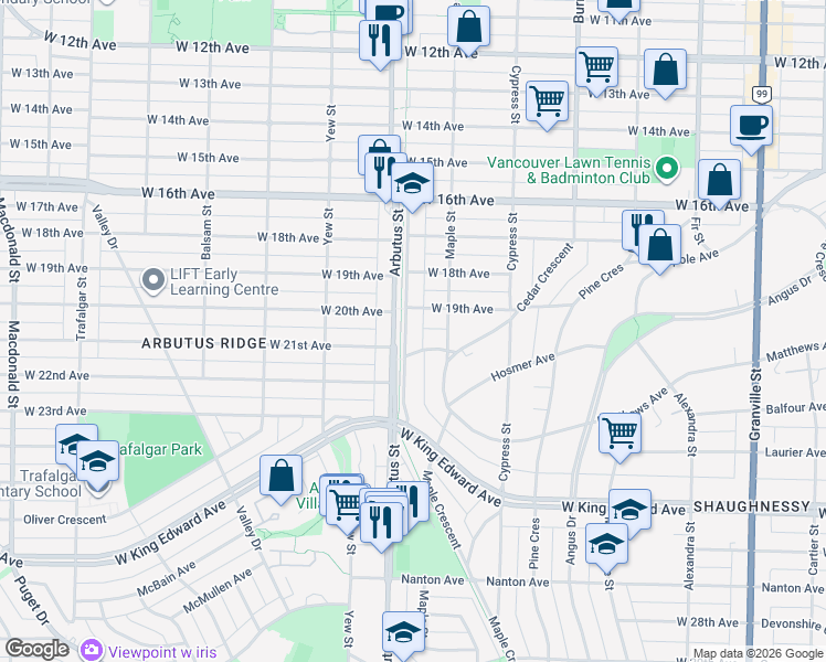 map of restaurants, bars, coffee shops, grocery stores, and more near 3574 East Boulevard in Vancouver