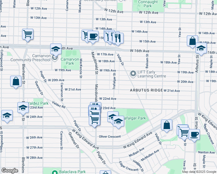 map of restaurants, bars, coffee shops, grocery stores, and more near 2721 West 21st Avenue in Vancouver