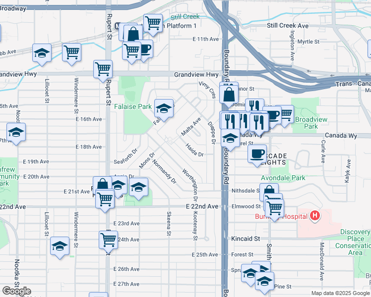 map of restaurants, bars, coffee shops, grocery stores, and more near 3554 Haida Drive in Vancouver