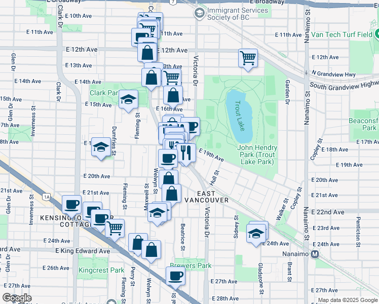 map of restaurants, bars, coffee shops, grocery stores, and more near 3060 Porter Street in Vancouver